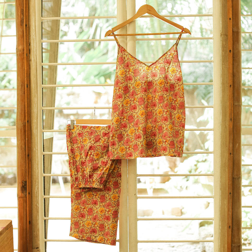 Our PJ set, made from handblocked printed cotton fabric, comes with a spaghetti strap top with adjustable straps and garterized trousers. Light and comfy, this set is sure to inspire the sweetest of dreams. Available online in the Philippines through Domesticity.