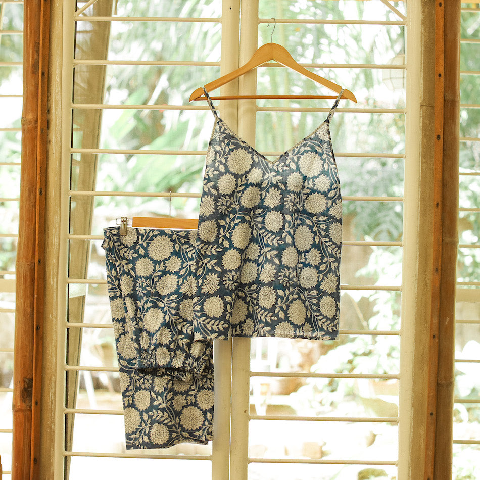 Our PJ set, made from handblocked printed cotton fabric, comes with a spaghetti strap top with adjustable straps and garterized trousers. Light and comfy, this set is sure to inspire the sweetest of dreams. Available online in the Philippines through Domesticity.