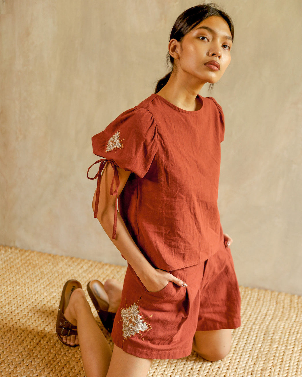 Martina Embroidered Shorts - Rust Brown