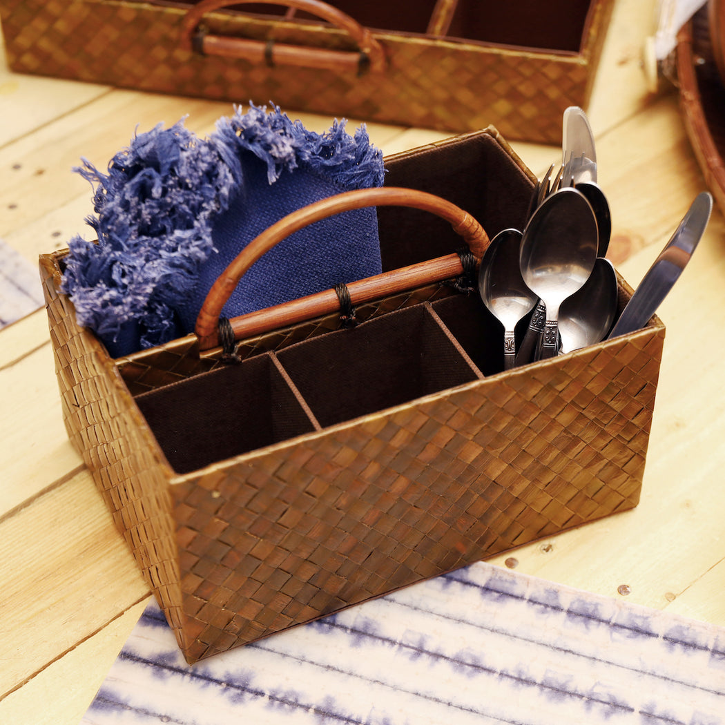 Handmade by our Gawad Kalinga beneficiaries, our cutlery caddy keeps your dining accessories organized and within reach. Dining accessory you can use for indoor and outdoor buffet tables. Lovingly made in the Philippines and available online.